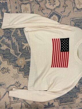 moon & madison Cream Sweater with Red and Navy Flag Graphic